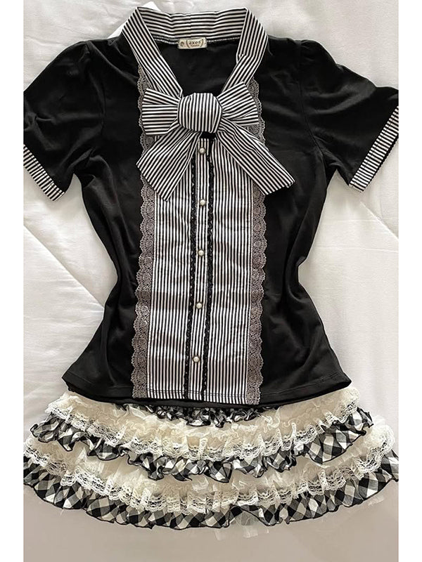 Vintage black plaid stitching butterfly short sleeves