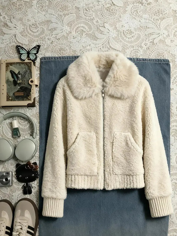 White chic collared fur coat