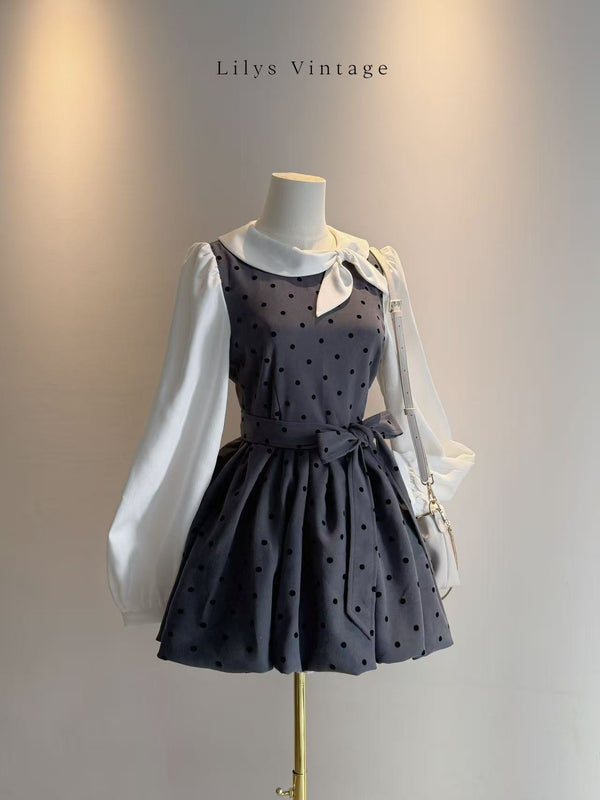 Long-sleeved retro-style polka dot tulip dress