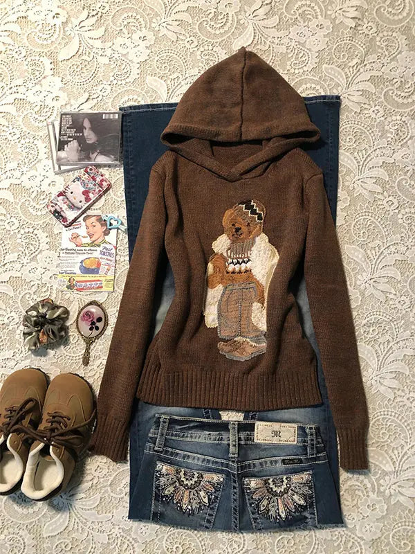 American retro brown teddy bear embroidered hooded sweater
