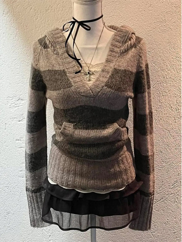 Grey striped V-neck hooded sweater