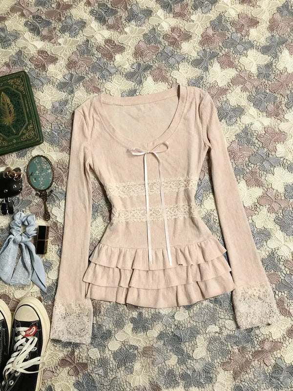 Pink patchwork lace long-sleeved T-shirt