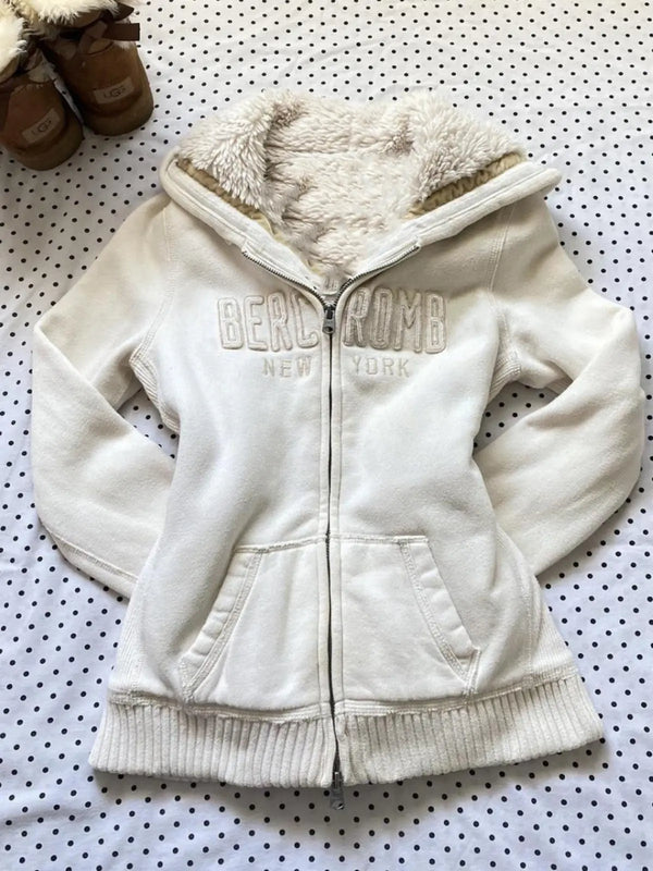 White fleece sweatshirt with lettering