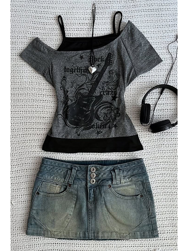 vintage grey round neck short sleeve T-shirt