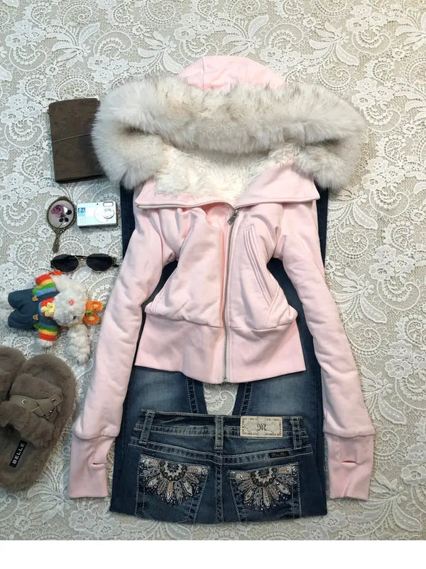 Pink fleece-lined thick hooded sweatshirt with fur collar