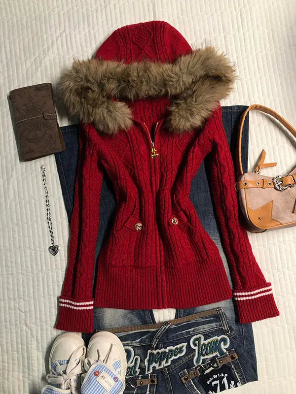 Red hooded slim-fit sweater with fur collar