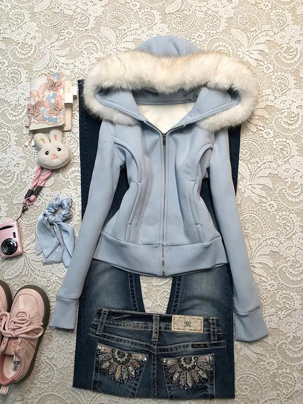 Slim-fit blue fur-trimmed hooded sweatshirt