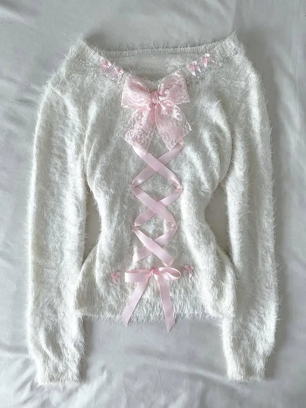 Tie-waist off-shoulder fuzzy knit top