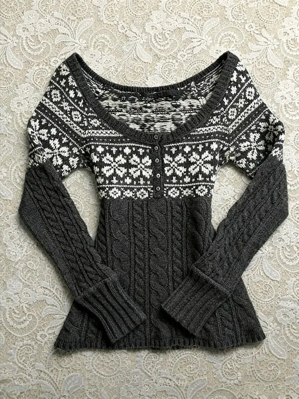 Grey jacquard crew neck knit cardigan