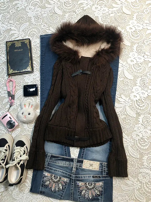 Retro cable knit fleece hooded sweater