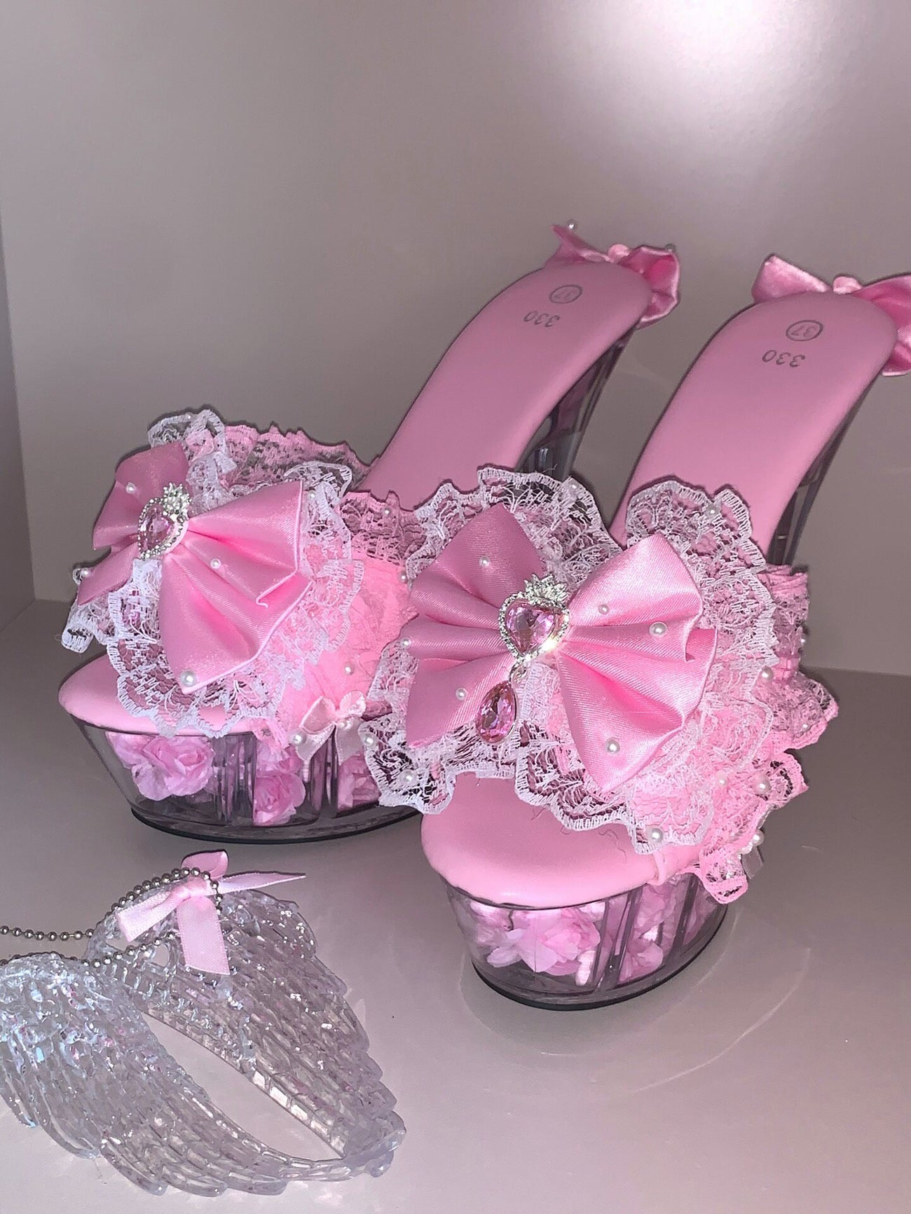 Pink lace high heels