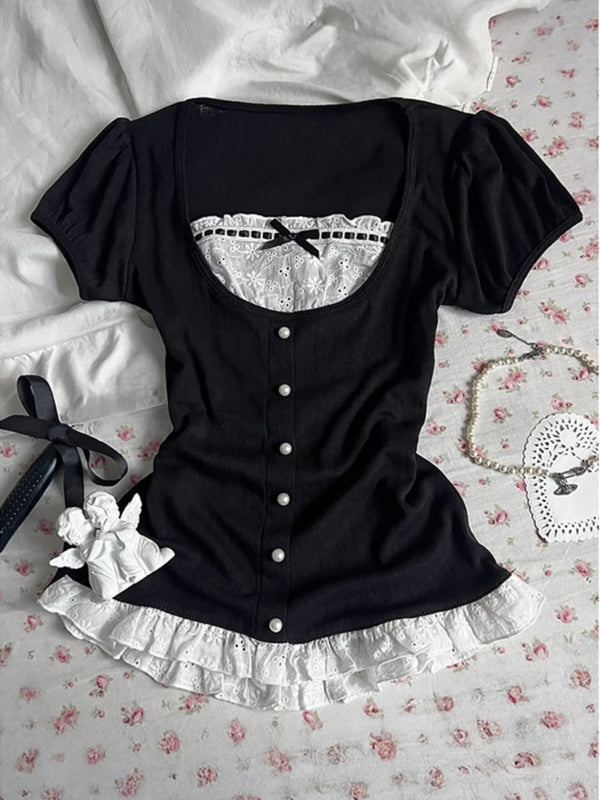 Black lace short-sleeved T-shirt