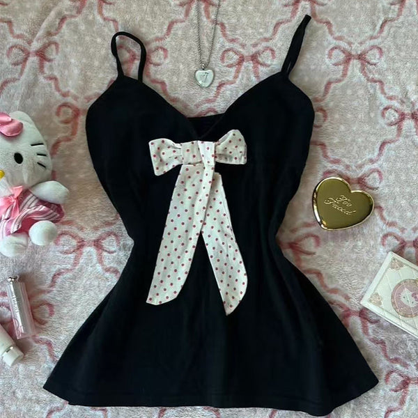 Japanese style polka dot butterfly black suspenders