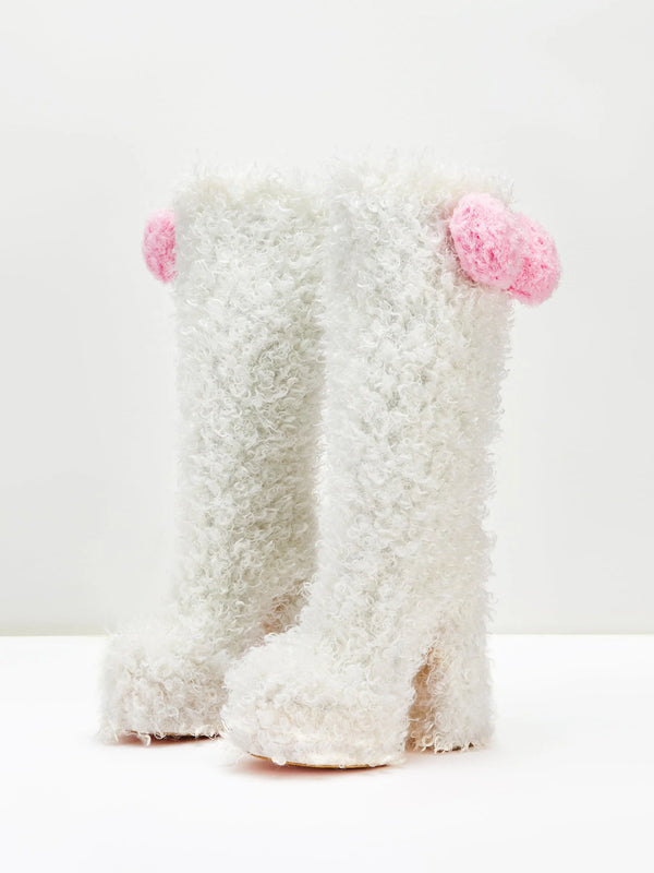 White teddy bear boots with bow