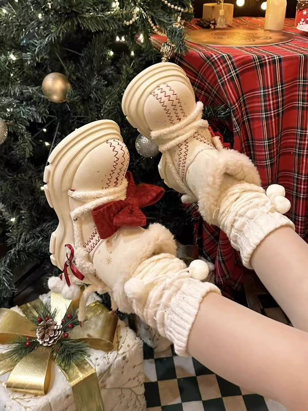 Bow Christmas White Snow Boots