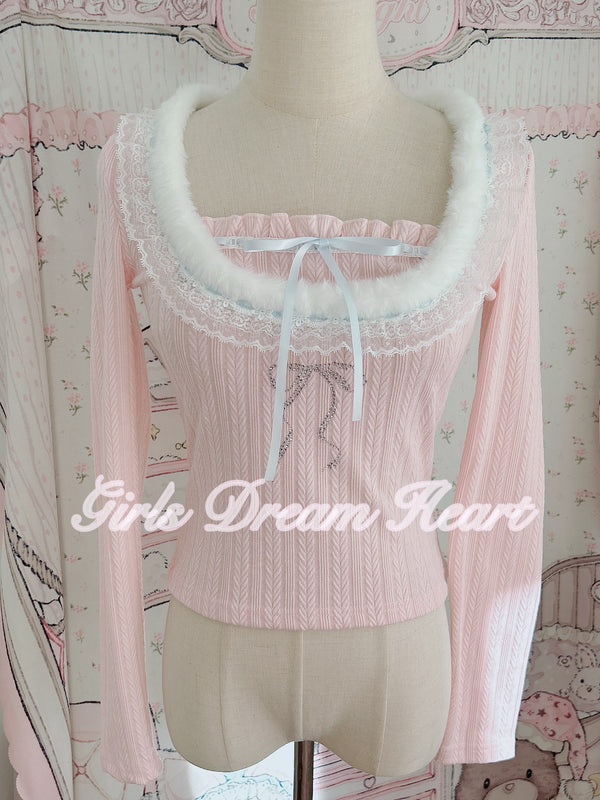 Fur collar top with ribbon