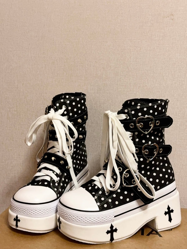 Polka dot canvas shoes, platform ankle boots