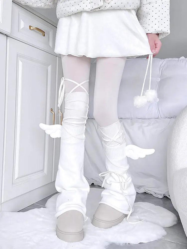 Pure white wing flared leg warmers set