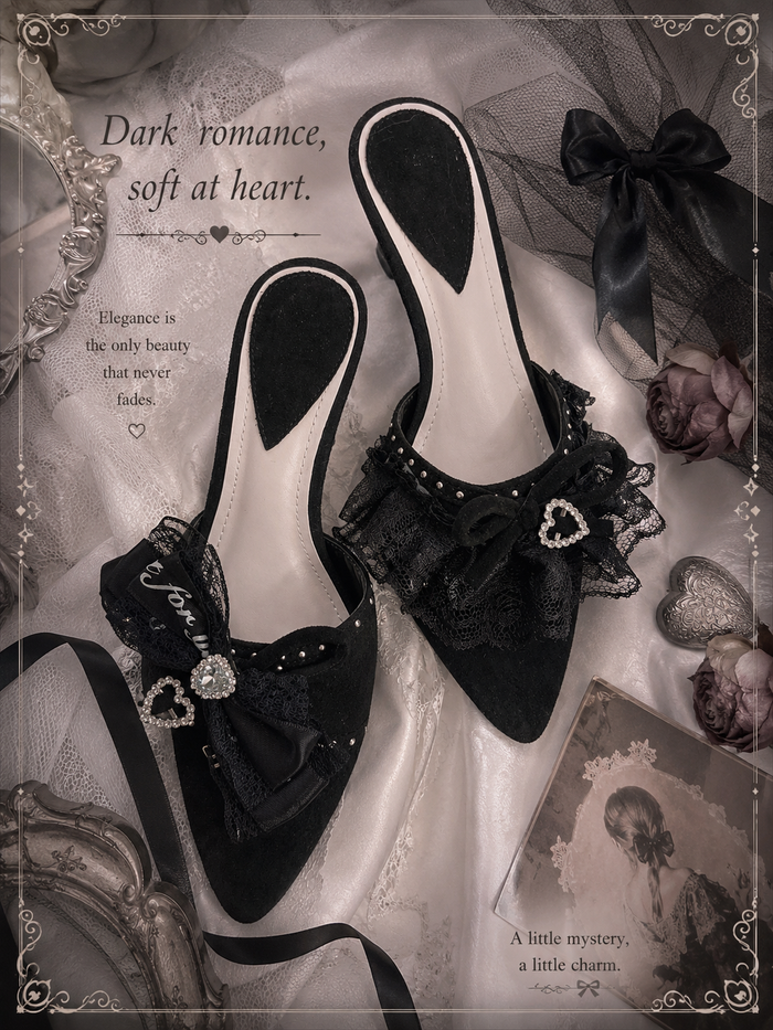 Midnight Lace Bow Heeled Mules