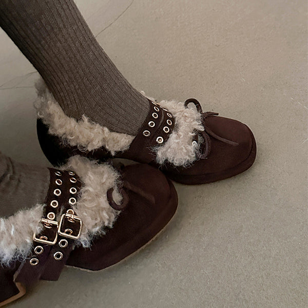 Retro-style fleece-lined bow high heels