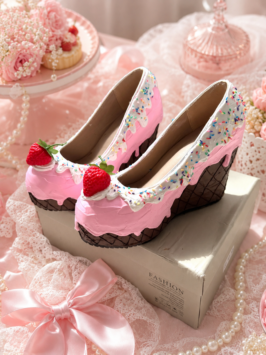 Pink vintage-style cream ice cream cake shoes (6cm low heel)